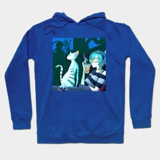 Blue Haired Girl Enjoys Tea and Tunes With Her Cat Friend Hoodie